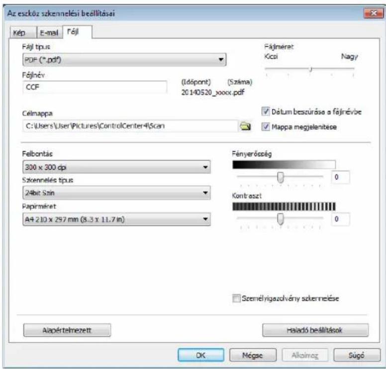 Az eszköz szkennelési beállításai Kép E-mail Fájl Fájl típus PDF (*.pdf) Fájlnév CCF (Idópont) (Száma) 20 140520_xoox.pdf Célmappa C:\Users\User\Pictures\ControlCenter4\Scan Fájlmérat Kcsi Nagy Dátum beszúrása a fájirévbe Mappa megjelenítése Felbontás 300 x 300 dpi Szkennelés típus 24bit Szin Papírméret A4 210 x 297 mm (8.3 x 11.7 in) Fényerőszég 0 Kont észt 0 Személyigazolvány szkennelése Alapértelmezett Haladó beállítások OK Mégsc Alkalmog Súgó