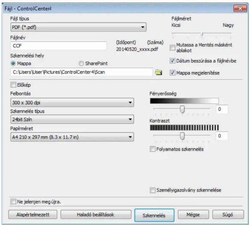 Fájl - ControlCenter4 Fájl típus PDF (*.pdf) Fájlnév CCF (Száma) 20140520_xxxx.pdf Szkennelési hely Mappa SharePoint C:\Users\User\Pictures\ControlCenter4\Scan Fájlméret Kicsi Nagy Mutassa a Mentés másként ablakot Dátum beszúrása a fájlnévbe Mappa megjelenítése Előkép Felbontás 300 x 300 dpi Szkennelés típus 24bit Szín Papírméret A4 210 x 297 mm (3.3 x 11.7 in) Fényerösség Kontraszt Folyamatos szkennelés Személyigazolvány szkennelése Ne jelenjen meg újra. Alapértelmezett Haladó beálítások Szkennelés Mégse Súgó