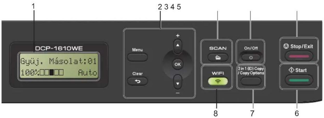 DCP-1610WE Gyüj. Másolat:01 100% Auto Menu OK Clear 2 3 4 5 SCAN On/Off Stop/Exit WIFI 2 in 1 (ID) Copy / Copy Options Start