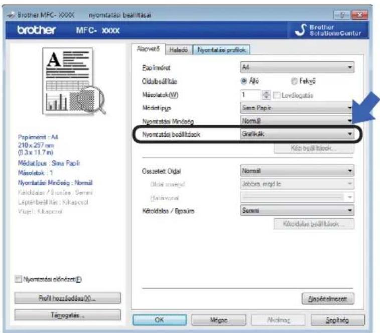 Brother MFC- XXXX nyomtatási beállításai brother MFC- XXXX Brother Solutions Center Alapvető Hedő Nyomtatási profilok Eapiméret A4 Oldalbállítás Áltó Fekyő Másolatok(W) 1 Loválogatás Médielipus Sims Papir Nyomtatási Minőség Nomál Nyomtatási beállítások Graikák Közi bőjállítások... Osszetett Oldal Nomál Oldal szengyd Jobra, majd le Ejánvorszl Kérdolós / Egskiro Semmi Kérdolós beállítások... Nyomtatási előnézet(E) Profit hozzáadásai(20...) Támogatás... Alapételmezett OK Mégró Nkalmaz Segíltetég