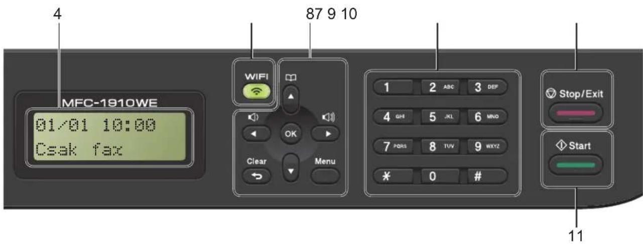 4 MFC-1910WE 01/01 10:00 Csak fax 87 9 10 WIFI OK Clear Menu 1 2 ABC 3 DEF 4 GH 5 JL 6 MNO 7 PDRS 8 TUV 9 WXYZ * 0 # Stop/Exit Start 11