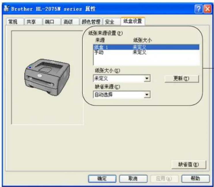 Brother HL-2075M series 属性 常规 共享 端口 高级 颜色管理 安全 纸盒设置 纸张来源设置 (E) 来源 纸张大小 纸盒 1 未定义 手动 未定义 纸张大小 (S) 未定义 更新 (T) 缺省来源 (C) 自动选择 缺省值 (E) 确定 取消 应用 (A) 帮助
