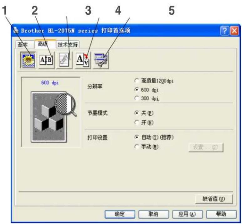 Brother HL-2075M series 打印首选项 基本 高级 技术支持 600 dpi 分辨率 ○ 高质量1200dpi ○ 600 dpi ○ 300 dpi 节墨模式 ○ 关(F) ○ 开(M) 打印设置 ○ 自动(T) (推荐) ○ 手动(M) 设置... (S) 缺省值(U) 确定 取消 应用(A) 帮助
