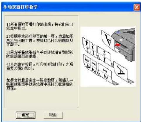手动双面打印教学 1)所有偶数页面打印输出后,将它们从出纸盒中取出。 2)按顺序拿起打印页的第一页,然后如图所示将它翻个面,使得此已打印的偶数页面翻下。 3)用双手按纸张插入手动造纸槽直到纸张的前端翻到纸张。 4)点击确定按钮,打印机开始打印,之后重复步骤2和3。 如果文档最后多出一张奇数页,则插入一张新纸条到手动造纸槽中来打印此最后的页面。 确定 取消