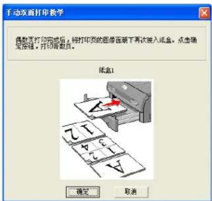 手动双面打印教学 偶数页打印完成后,将打印页的图像画下再次装入纸盒。点击确定按钮,打印者数页。 纸盒1 确定 取消