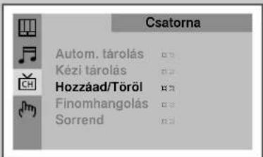 Csatorna Autom. tárolás Kézi tárolás Hozzáad/Töröl Finomhangolás Sorrend