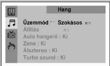 Hang Üzemmód ~ Szokásos Állitás Auto hangerő : Ki Zene : Ki Álsztereo : Ki Turbo sound : Ki