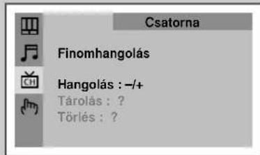 Csatorna Finomhangolás Hangolás : -/+ Tárolás : ? Törlés : ?