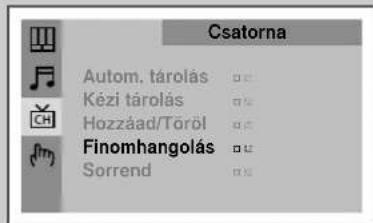 Csatorna Autom. tárolás Kézi tárolás Hozzáad/Töröl Finomhangolás Sorrend