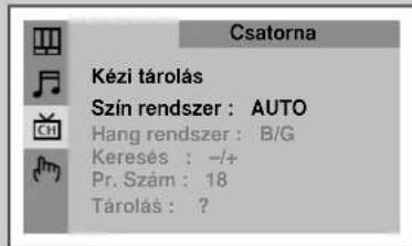 Csatorna Kézi tárolás Szín rendszer : AUTO Hang rendszer : B/G Keresés : -/+ Pr. Szám : 18 Tárolás : ?