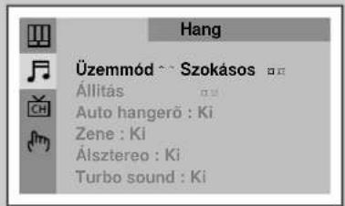 Hang Üzemmód ~ Szokásos Állítás Auto hangerő : Ki Zene : Ki Álsztereo : Ki Turbo sound : Ki