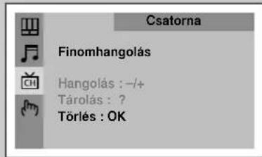 Csatorna Finomhangolás Hangolás : -/+ Tárolás : ? Törlés : OK