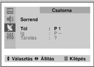 Csatorna Sorrend Tól : P 1 Ig : P -- Tárolás : ? ◆ Választás ◆ Állítás □ Kilépés