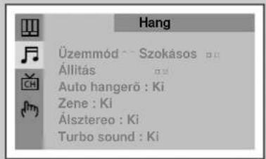 Hang Üzemmód - Szokásos Állítás Auto hangerő : Ki Zene : Ki Álsztereo : Ki Turbo sound : Ki