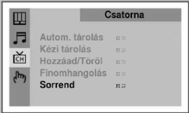 Csatorna Autom. tárolás Kézi tárolás Hozzáad/Töröl Finomhangolás Sorrend