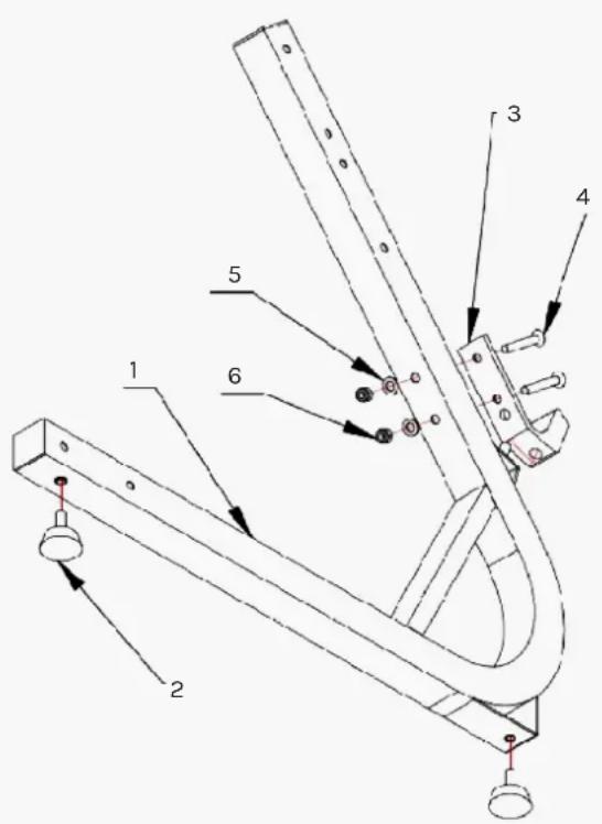 Technical diagram of a mechanical assembly with numbered components and directional arrows indicating motion or assembly.