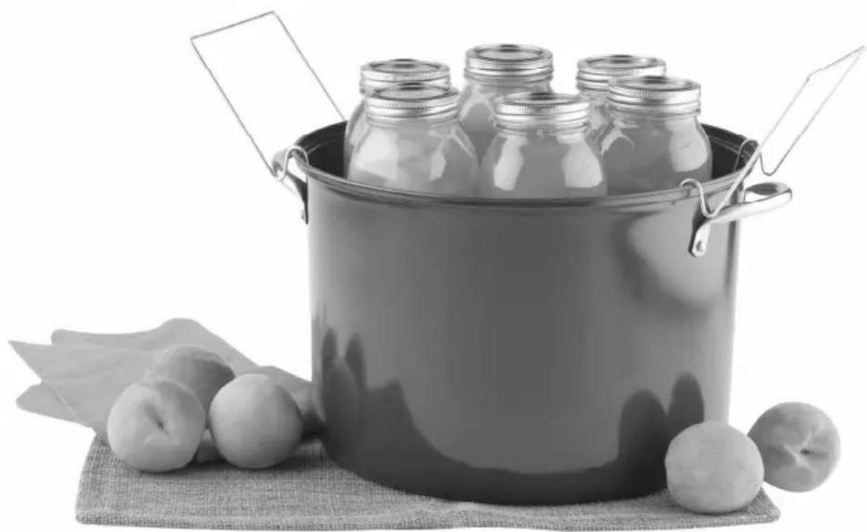 Black-and-white still life photo of a metal cooking pot filled with glass bottles, surrounded by fresh fruits and bread (no text or symbols)