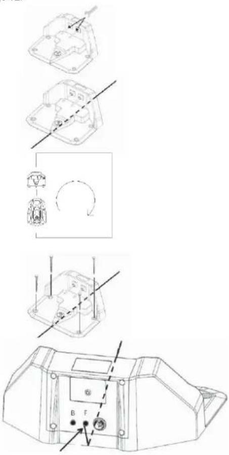 Technical diagram showing exploded view and close-up of a mechanical component with labeled parts B and F