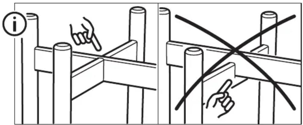 Technical diagram showing two mechanical assembly steps with labeled components and hand gestures