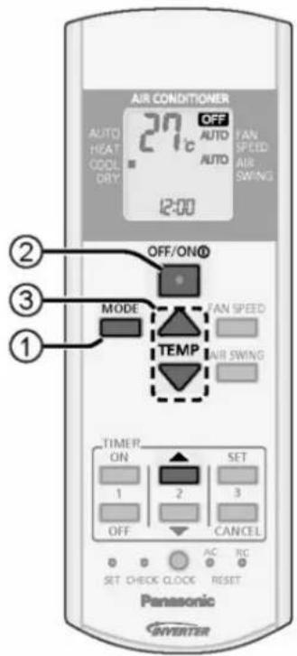 AIR CONDITIONER 27°C OFF AUTO HEAT ODOL OBY AUTO FAN SPEED AIR SWING 12:00 OFF/ON® MODE TEMP FAN SPEED AIR SWING 1 2 3 TIMER ON SET 1 2 3 OFF CANCEL SET CHECK CLOCK RESET AC RC Panasonic Inverter