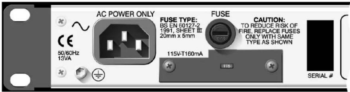 AC POWER ONLY FUSE TYPE: BS EN 60127-2 1991, SHEET III 20mm x 5mm 115V-T160mA CAUTION: TO REDUCE RISK OF FIRE, REPLACE FUSES ONLY WITH SAME TYPE AS SHOWN SERIAL #