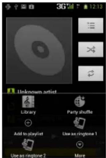 3G 12:13 Unknown artist Library Party shuffle Add to playlist Use as ringtone 1 Use as ringtone 2 More