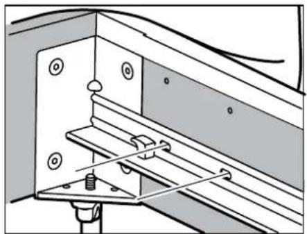 Technical diagram of a mechanical assembly with mounting bracket and railings (no text or symbols)