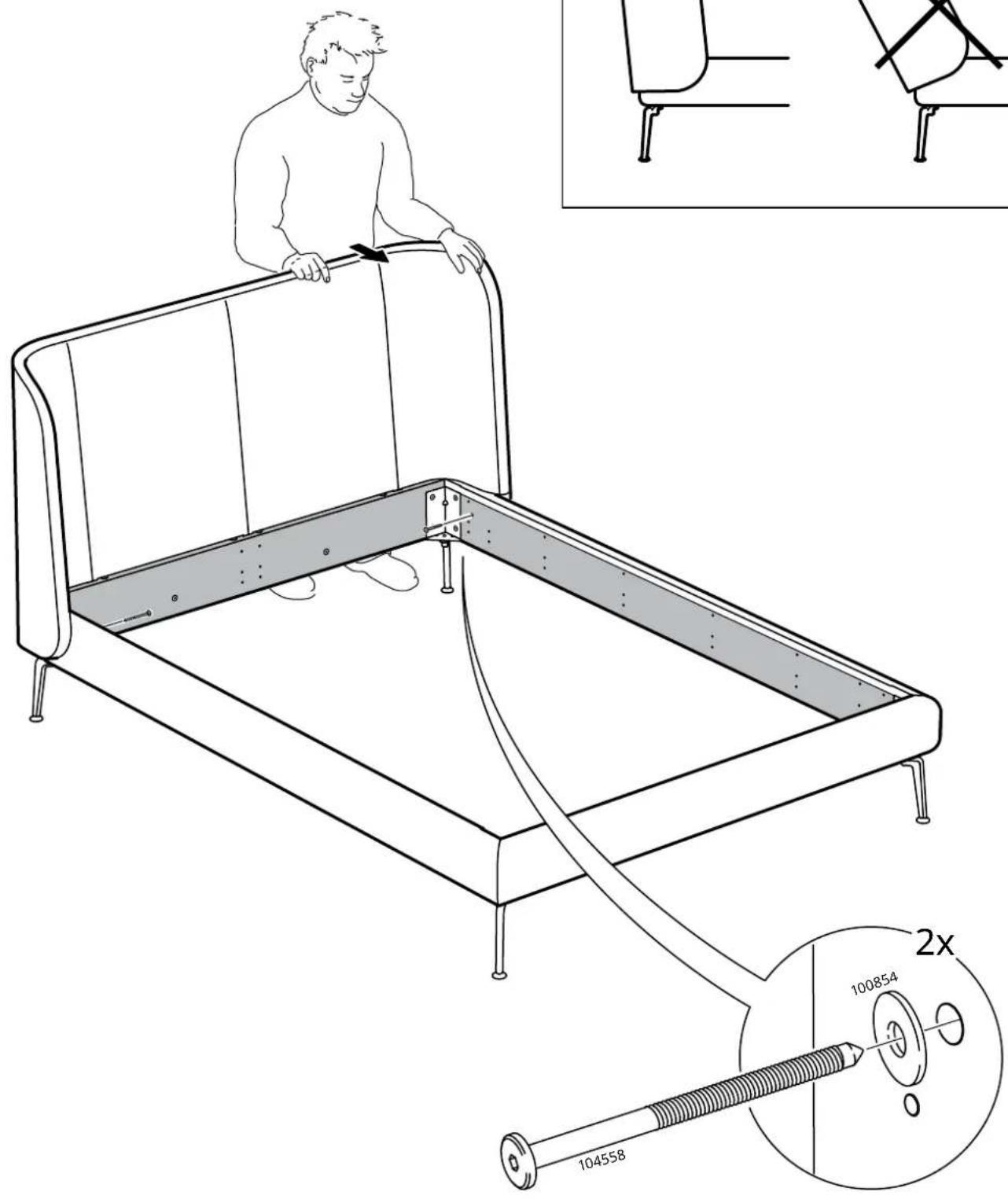 Technical diagram showing a person assembling a bed with a 2x ratio indicator and magnified detail view of the component.