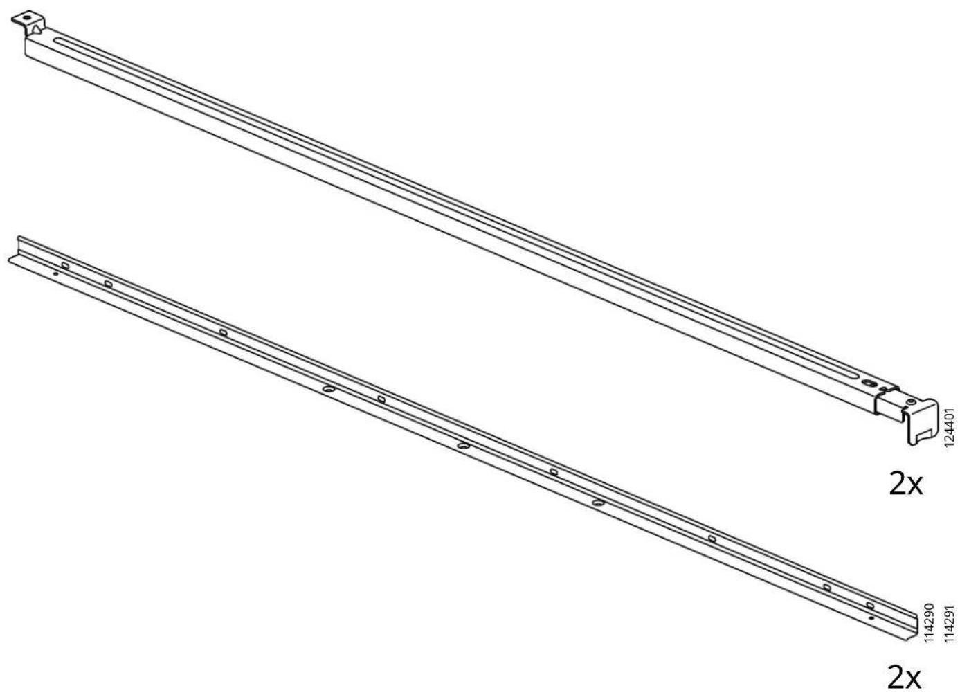 Technical line drawing of two parallel metal railings with mounting holes, labeled 2x and 114290/114291 (no text or symbols on the lines themselves)