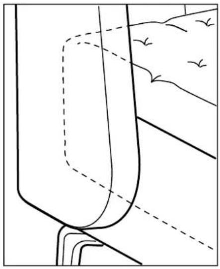 Diagram of a boat hull with dashed and solid lines indicating different sections, and birds flying above (no text or labels)