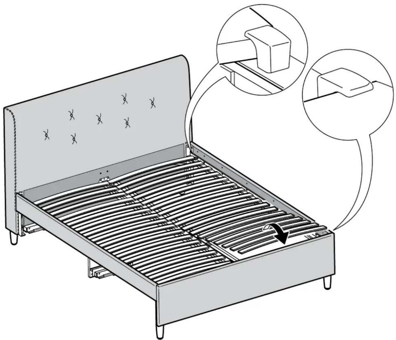 Diagram illustrating a bed with internal structure and component placement, showing structural details and assembly steps.