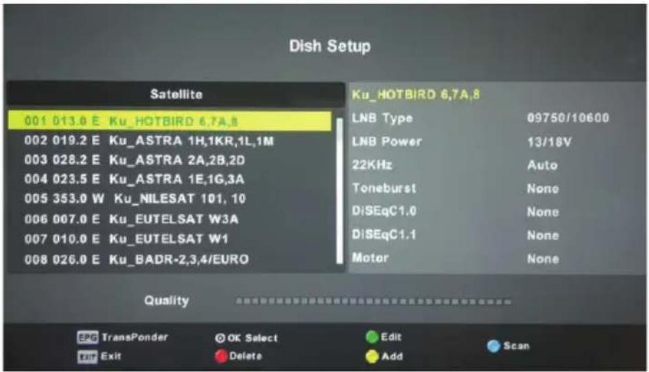 Dish Setup Satellite 001 013.0 E Ku_HOTBIRO 6,7A,8 002 019.2 E Ku_ASTRA 1H,1KR,1L,1M 003 028.2 E Ku_ASTRA 2A,2B,2D 004 023.5 E Ku_ASTRA 1E,1G,3A 005 353.0 W Ku_NILESAT 101, 10 006 007.0 E Ku_EUTELSAT W3A 007 010.0 E Ku_EUTELSAT W1 008 026.0 E Ku_BADR-2,3,4/EURO Ku_HOTBIRO 6,7A,8 LNB Type 09750/10600…
