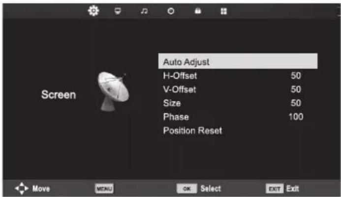 Screen Auto Adjust H-Offset 50 V-Offset 50 Size 50 Phase 100 Position Reset