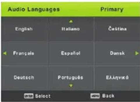 Audio Languages Primary English Italiano Čeština Français Español Dansk Deutsch Português Ελληνικό ENTER Select MENU Back