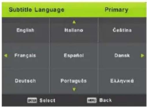 Subtitle Language Primary English Italiano Čeština Français Español Dansk Deutsch Português EAAŋviká ENTER Select MENO Back