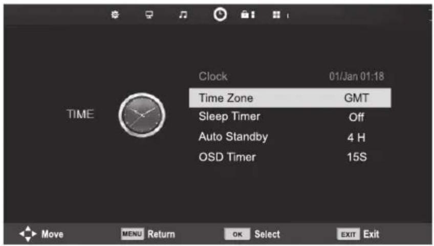 TIME Clock 01/Jan 01:18 Time Zone GMT Sleep Timer Off Auto Standby 4 H OSD Timer 15S Move Mali Return OK Select EXIT Exit