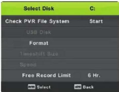 Select Disk C: Check PVR File System Start USB Disk Format Timeshift Size Speed Free Record Limit 6 Hr. USB Select Back