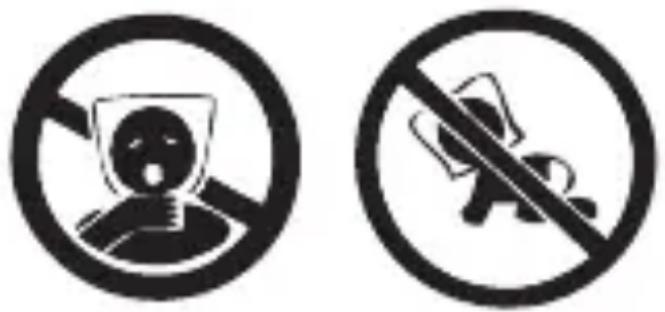 Two prohibition signs: one with a face wearing a mask and crossed-out, the other with a person holding a tool.