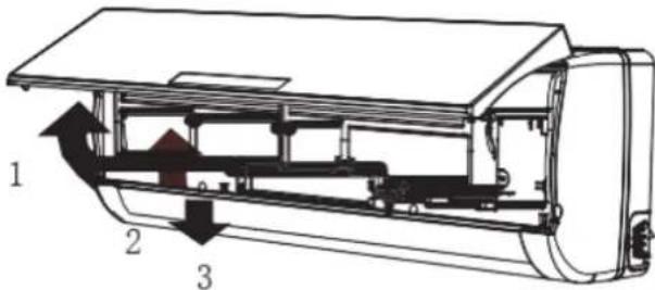 Technical diagram of an air conditioner unit with labeled components and directional arrows indicating airflow or movement.