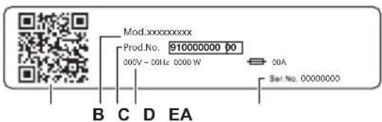 Mod.xxxxxxxxxx Prod.No. 910000000 00 000V - 50Hz 0000 W COA Ser.No. 00000000 B C D EA