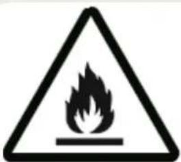Warning sign depicting a flame symbol inside a triangle, indicating hazard or caution.