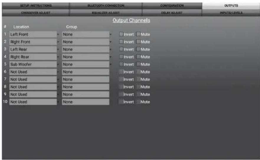 SETUP INSTRUCTIONS BLUETOOTH CONNECTION CONFIGURATION OUTPUTS CND/GOVER ADJUST EQUALIZER ADJUST DELAY ADJUST INPUTS/LEVELS Location Group 1 Left Front None Invert Mute 2 Right Front None Invert Mute 3 Left Rear None Invert Mute 4 Right Rear None Invert Mute 5 Sub Woofer None Invert Mute 6 Not Used None Invert Mute 7 Not Used None Invert Mute 8 Not Used None Invert Mute 9 Not Used None Invert Mute 10 Not Used None Invert Mute Output Channels