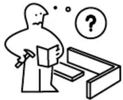 Simple line drawing of a person standing at a desk with a question mark above their head, no text or symbols present.
