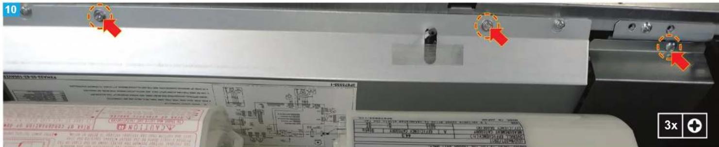 Technical diagram of a printer with red arrows pointing to mechanical components and a printed label showing technical specifications.