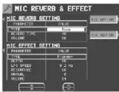 MIC REVERB & EFFECT MIC REVERB SETTING PARAMETER SIZE 10000 TIME 0 0 0 0 MIC EFFECT SETTING PARAMETER SIZE TYPE 10000 2.5 Hz 3.5 Hz 4.5 Hz 5.5 Hz 6.5 Hz 7.5 Hz 8.5 Hz 9.5 Hz 10.5 Hz