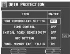 DATA PROTECTION ITEM ON/OFF FOOT CONTROLLERS SETTING OFF TONE CONTROL OFF INITIAL TOUCH SENSITIVITY OFF NIC SETTING OFF PANEL MEMORY EXP. FILTER ON