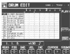 DRUM EDIT 1 2 3 4 PLAY 1.1.0 v130 MEAS PDS SNO VEL INC CURSOR SOUND