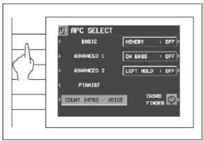APC SELECT BASIC HENERY OFF ROVANCED 1 ON BASS OFF ROVANCED 2 LEFT HOLD OFF PIANIST COUNT INTRO VOICE CHORD FINDER