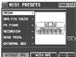 MIDI PRESETS ORGAN ORG FIX TOUCH PX PIANO ACCORD ICON BASS PEDAL EXTERNAL SEQ WITHOUT APC WITH APC
