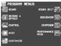 PROGRAM MENUS SOUND REVERSE & EFFECT CONTROL HIDI CUSTOMIZE SOUND EDIT SEQUENCER COMPOSER PERFORMANCE PHOS